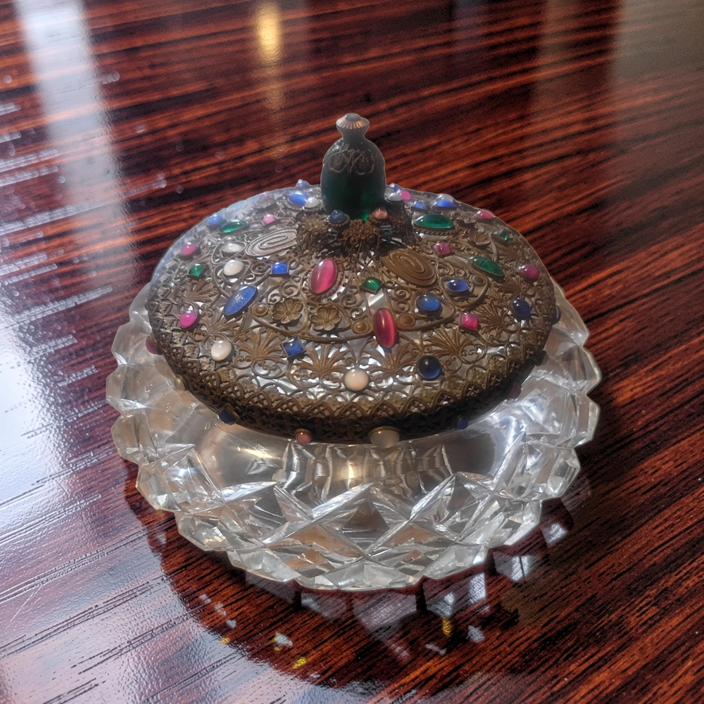 1930's Antique Crystal Glass Jeweled Vanity Jar